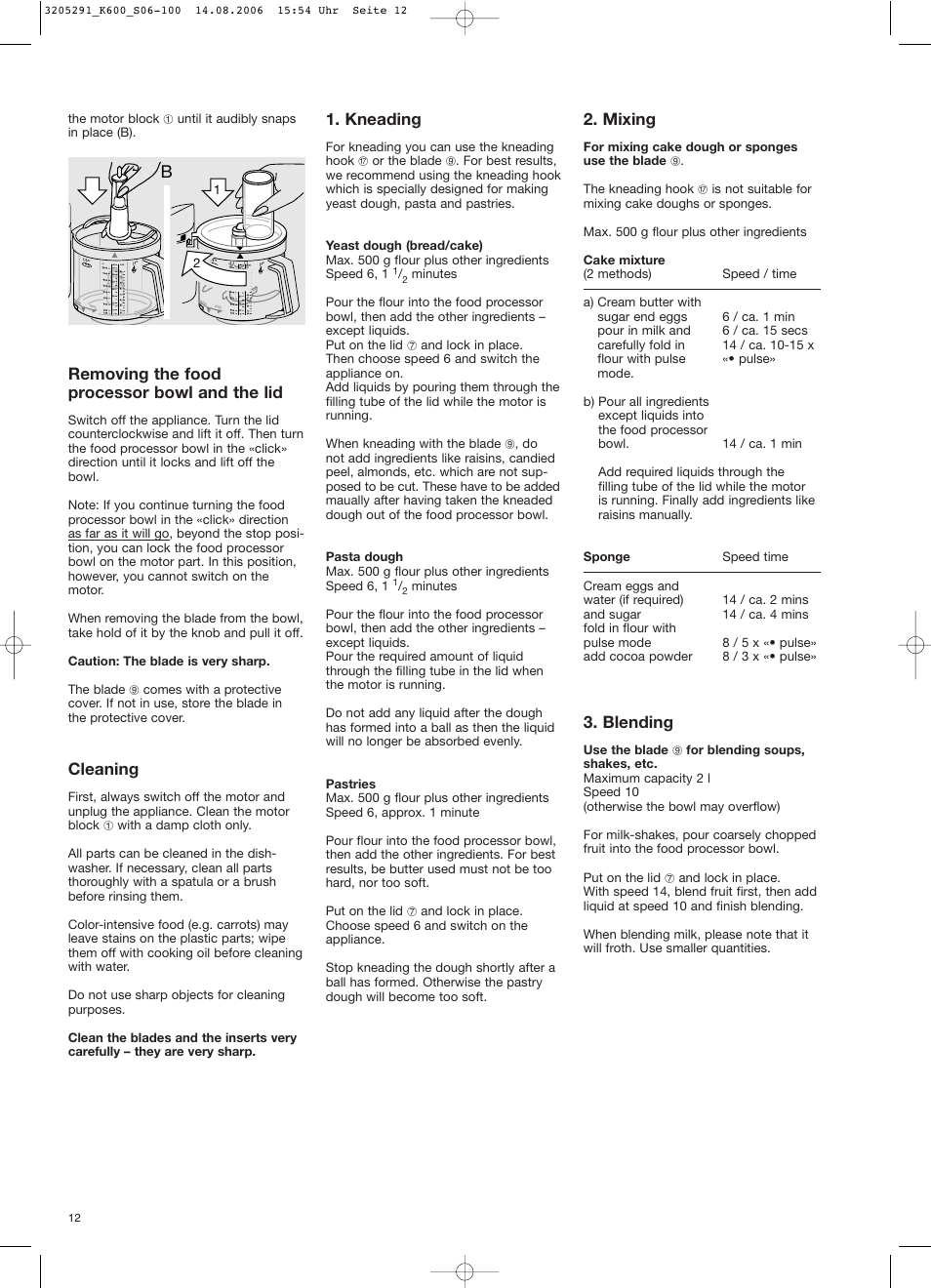 Removing the food processor bowl and the lid, Cleaning, Kneading | Mixing, Blending | Braun CombiMax 650 User Manual | Page 11 / 95