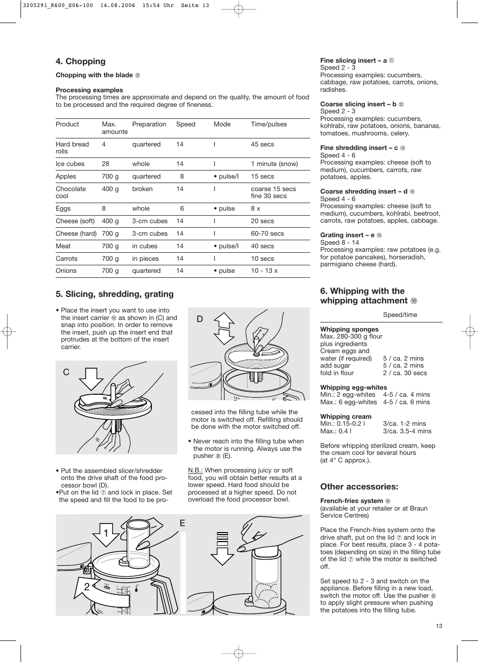 Chopping, Slicing, shredding, grating, Whipping with the whipping attachment r | Other accessories | Braun CombiMax 650 User Manual | Page 12 / 95