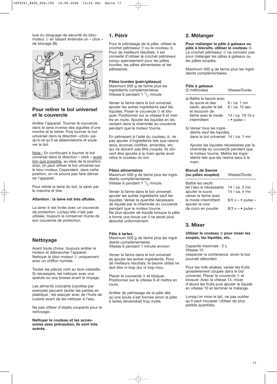 Pour retirer le bol universel et le couvercle, Nettoyage, Pétrir | Mélanger, Mixer | Braun CombiMax 650 User Manual | Page 16 / 95