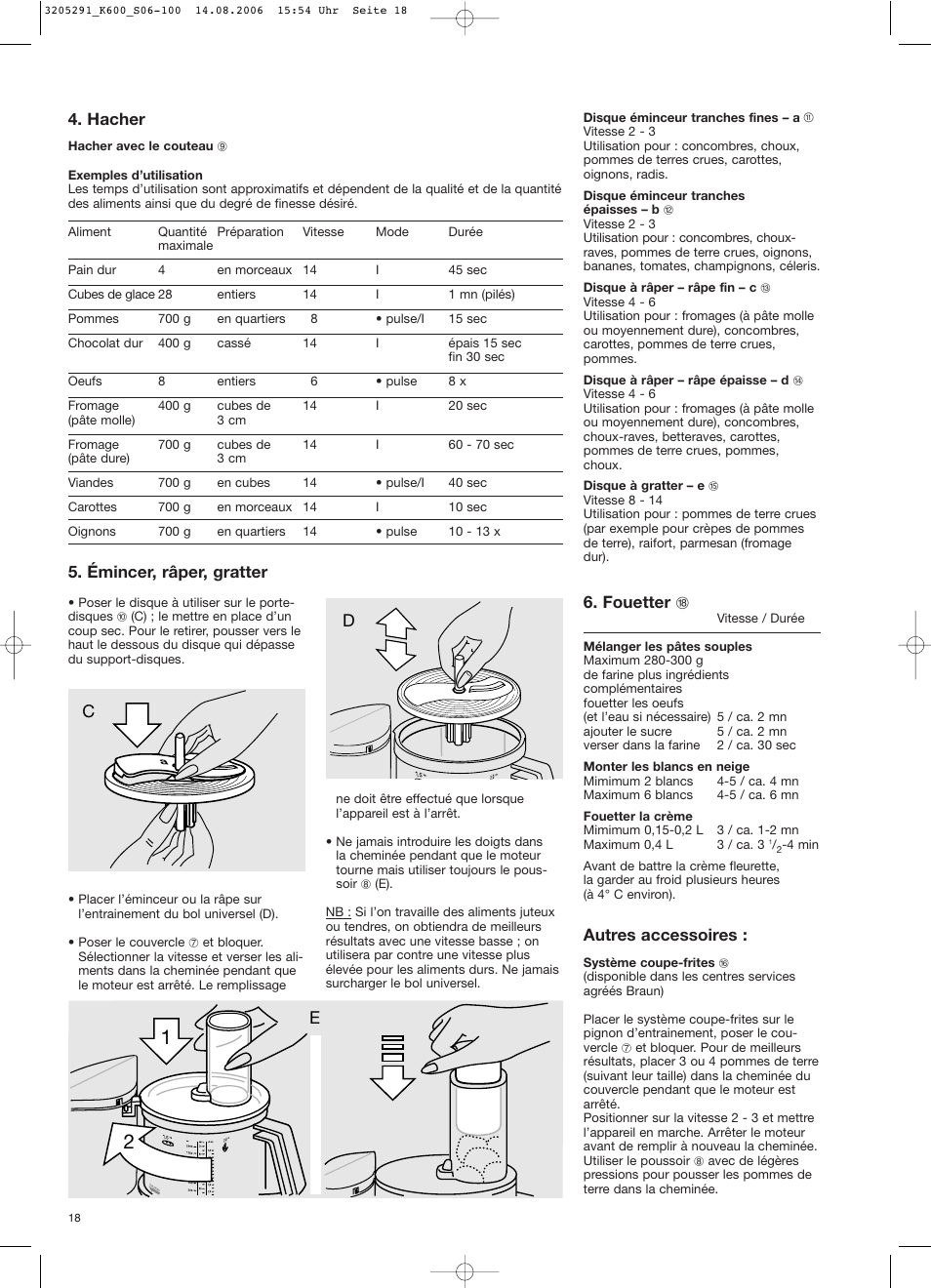 Hacher, Émincer, râper, gratter, Fouetter r | Autres accessoires | Braun CombiMax 650 User Manual | Page 17 / 95