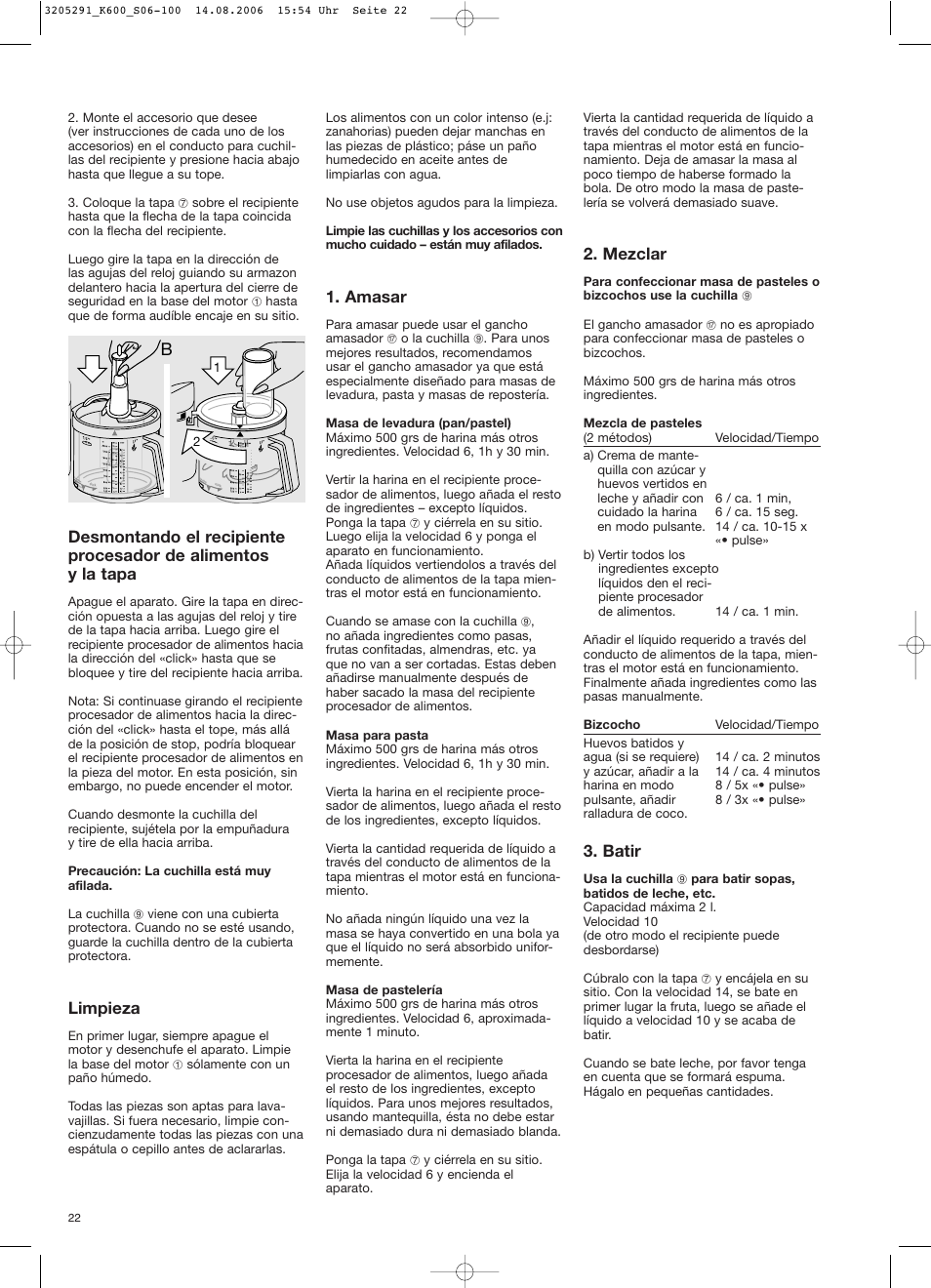 Limpieza, Amasar, Mezclar | Batir | Braun CombiMax 650 User Manual | Page 21 / 95