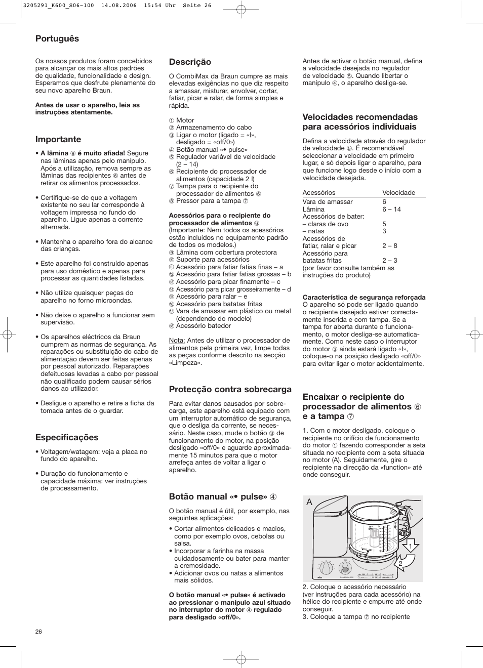 Português, Importante, Especificações | Descrição, Protecção contra sobrecarga, Botão manual «• pulse» 4 | Braun CombiMax 650 User Manual | Page 25 / 95