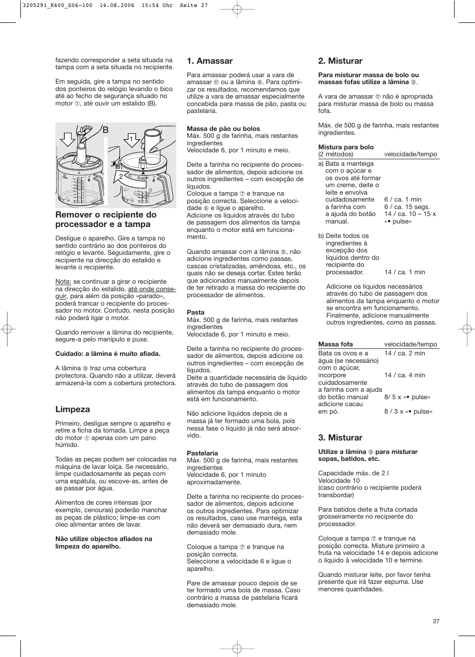 Remover o recipiente do processador e a tampa, Limpeza, Amassar | Misturar | Braun CombiMax 650 User Manual | Page 26 / 95