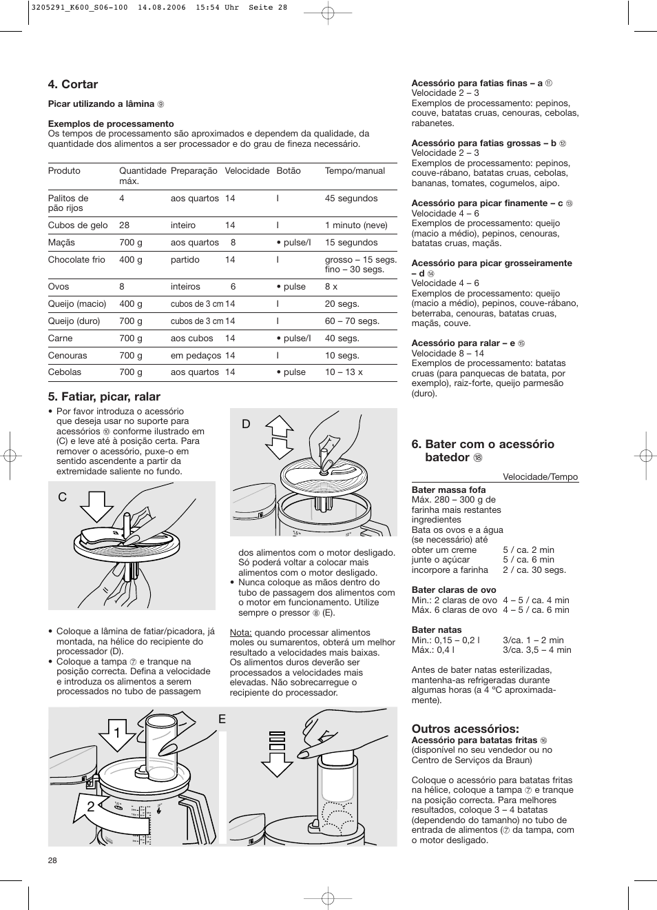 Cortar, Fatiar, picar, ralar, Bater com o acessório batedor r | Outros acessórios | Braun CombiMax 650 User Manual | Page 27 / 95