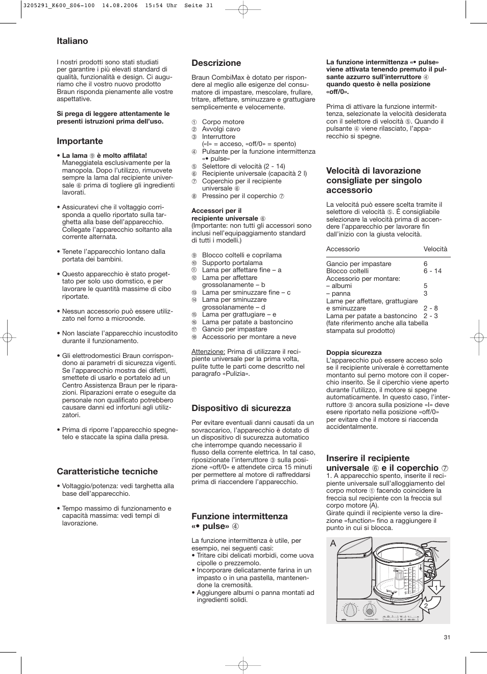 Italiano, Importante, Caratteristiche tecniche | Descrizione, Dispositivo di sicurezza, Funzione intermittenza «• pulse» 4 | Braun CombiMax 650 User Manual | Page 30 / 95