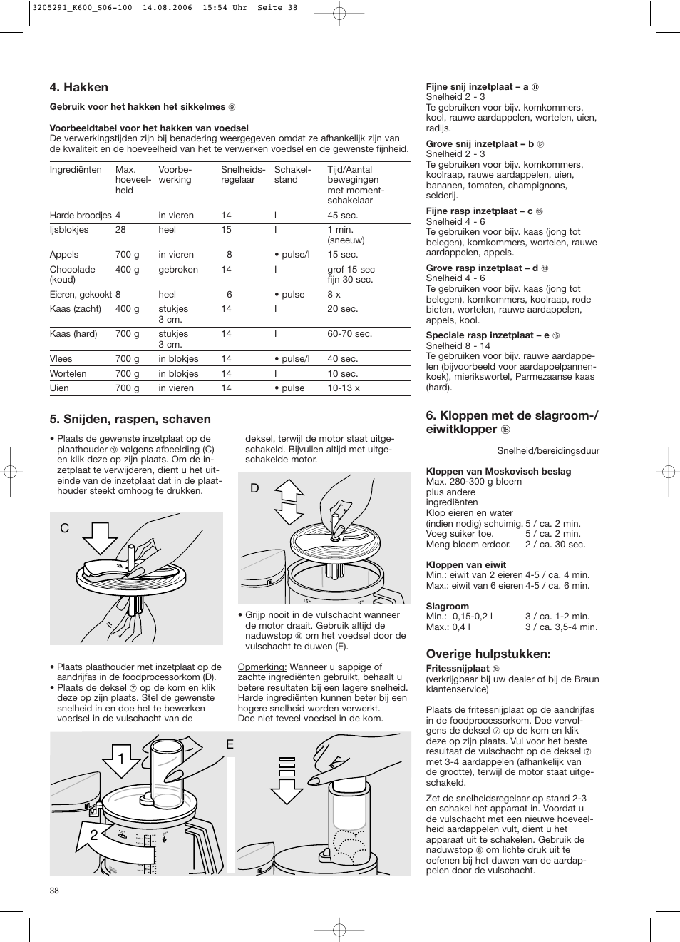 Hakken, Snijden, raspen, schaven, Kloppen met de slagroom-/ eiwitklopper r | Overige hulpstukken | Braun CombiMax 650 User Manual | Page 37 / 95