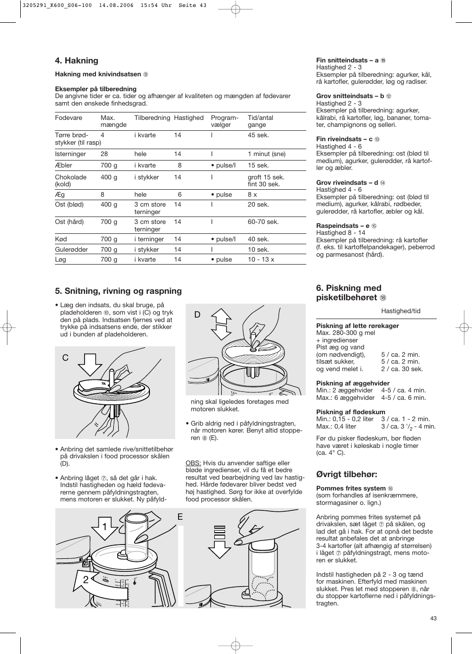 Hakning, Snitning, rivning og raspning, Piskning med pisketilbehøret r | Øvrigt tilbehør | Braun CombiMax 650 User Manual | Page 42 / 95