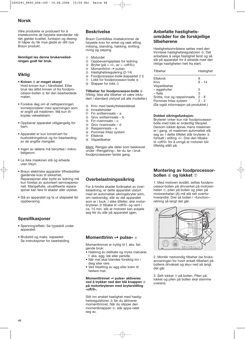 Norsk, Viktig, Spesifikasjoner | Beskrivelse, Overbelastningssikring, Momenttrinn «• pulse, Montering av foodprocessor- bollen 6 og lokket 7 | Braun CombiMax 650 User Manual | Page 45 / 95