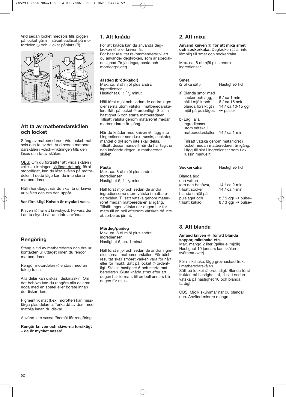 Att ta av matberedarskålen och locket, Rengöring, Att knåda | Att mixa, Att blanda | Braun CombiMax 650 User Manual | Page 51 / 95