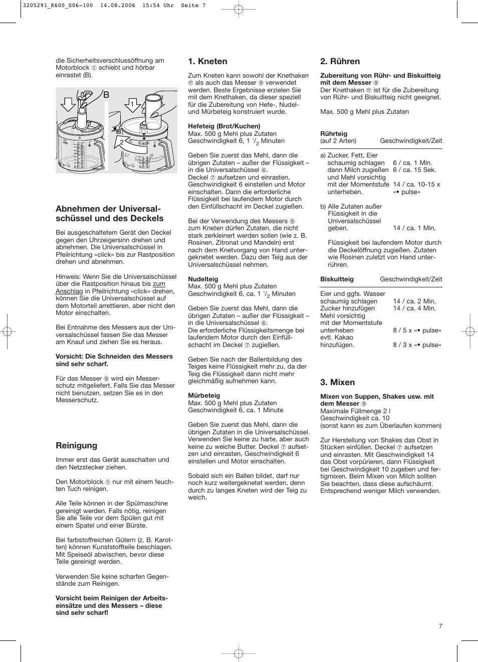 Abnehmen der universal- schüssel und des deckels, Reinigung, Kneten | Rühren, Mixen | Braun CombiMax 650 User Manual | Page 6 / 95