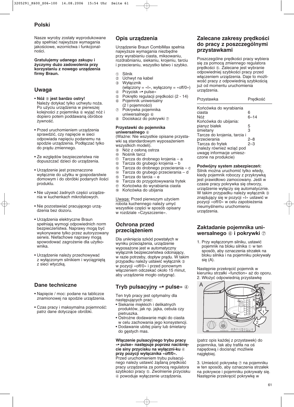 Polski, Uwaga, Dane techniczne | Opis urzàdzenia, Ochrona przed przecià˝eniem, Tryb pulsacyjny «• pulse» 4 | Braun CombiMax 650 User Manual | Page 60 / 95