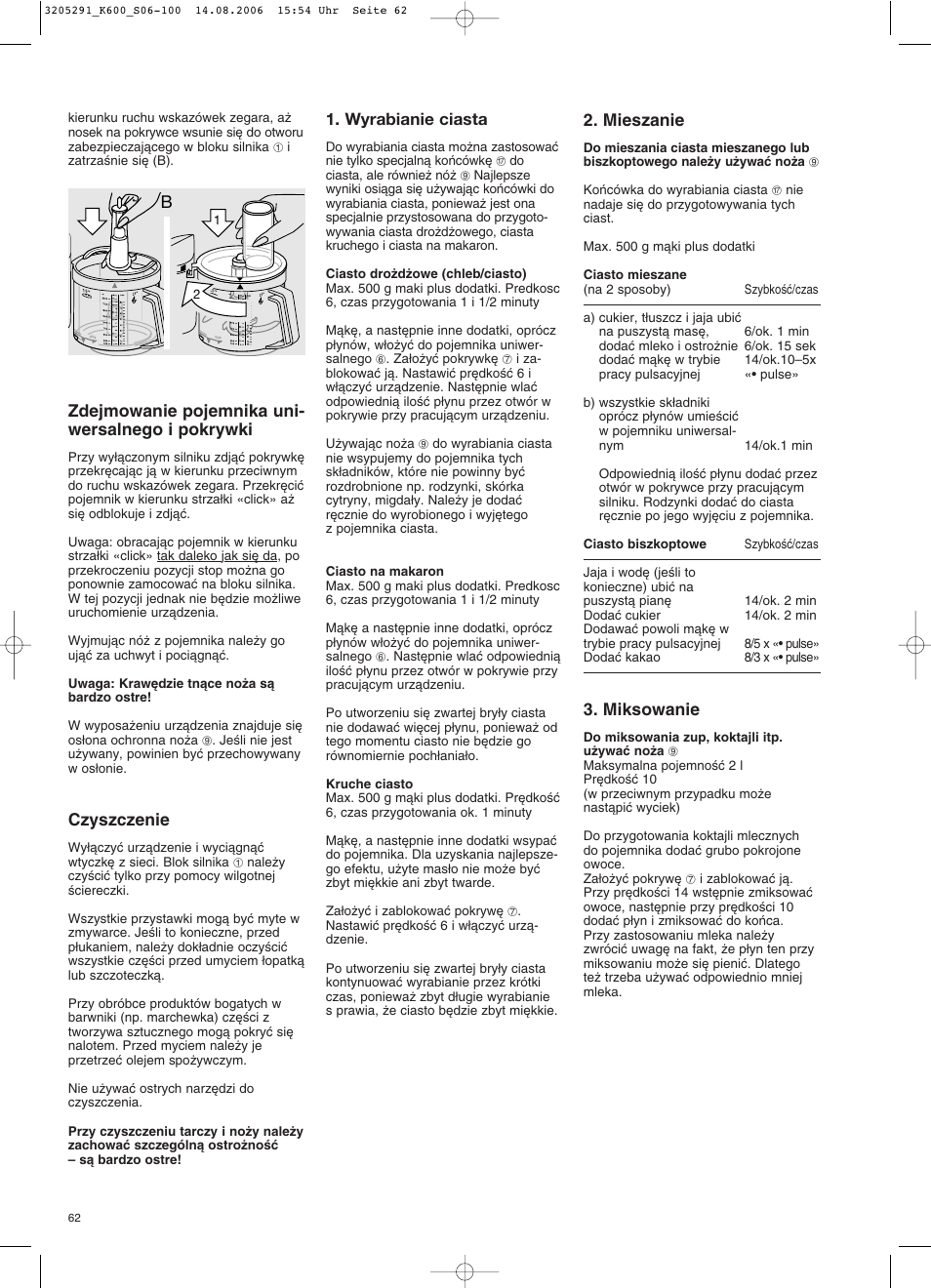 Zdejmowanie pojemnika uni- wersalnego i pokrywki, Czyszczenie, Wyrabianie ciasta | Mieszanie, Miksowanie | Braun CombiMax 650 User Manual | Page 61 / 95