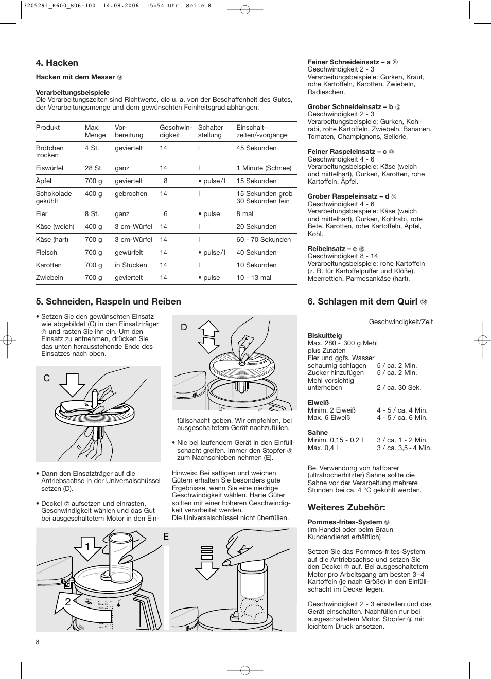 Hacken, Schneiden, raspeln und reiben, Schlagen mit dem quirl r | Weiteres zubehör | Braun CombiMax 650 User Manual | Page 7 / 95