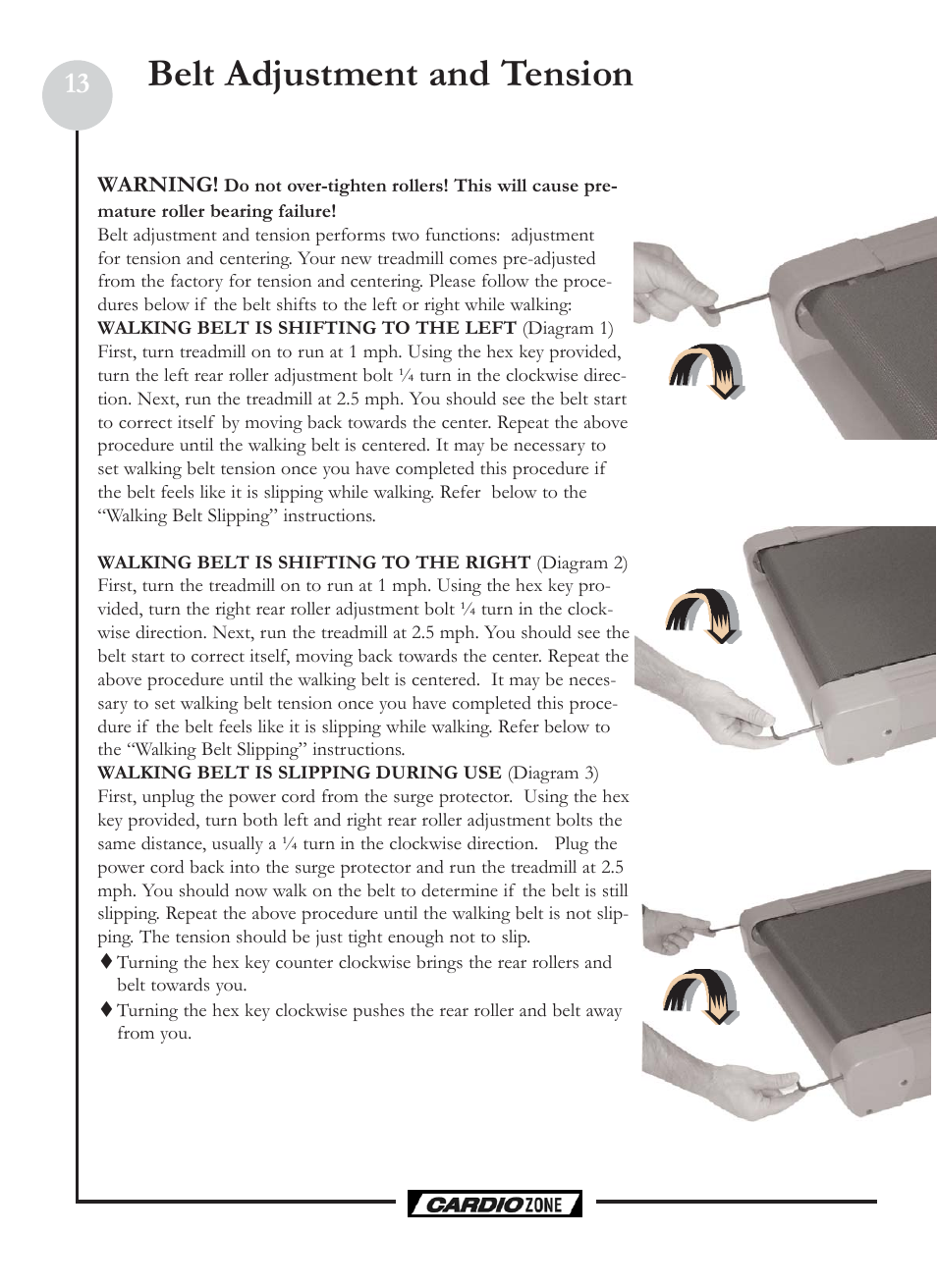 Belt adjustment and tension | Keys Fitness CardioZone CZE User Manual | Page 13 / 20
