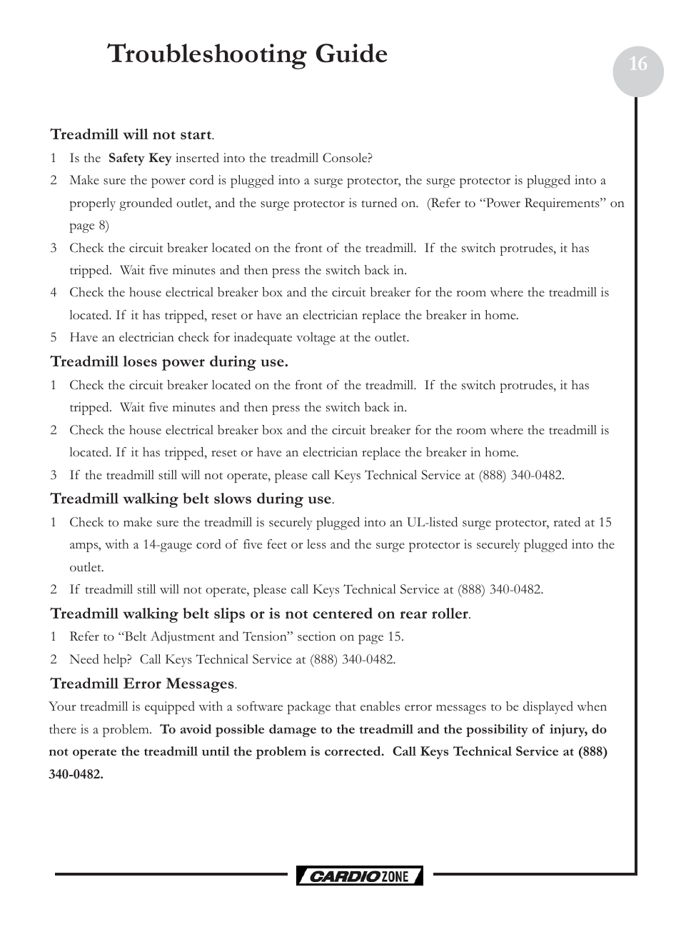 Troubleshooting guide | Keys Fitness CardioZone CZE User Manual | Page 16 / 20