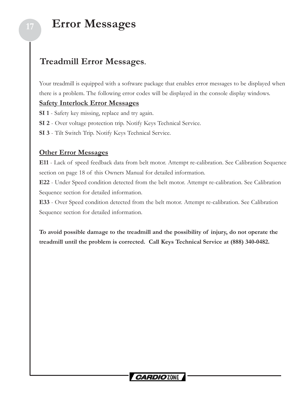 Error messages, Treadmill error messages | Keys Fitness CardioZone CZE User Manual | Page 17 / 20