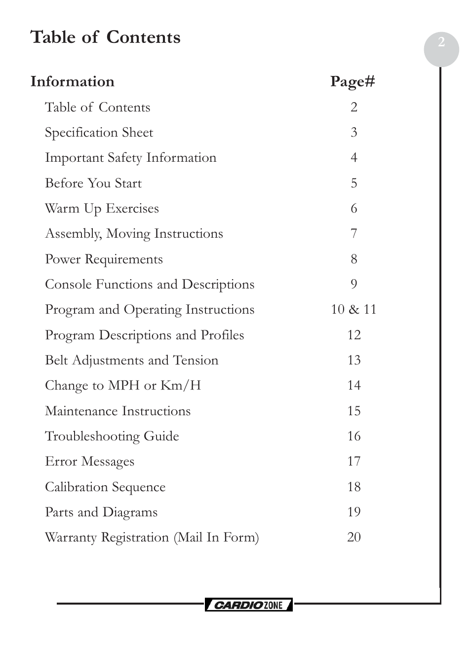 Keys Fitness CardioZone CZE User Manual | Page 2 / 20