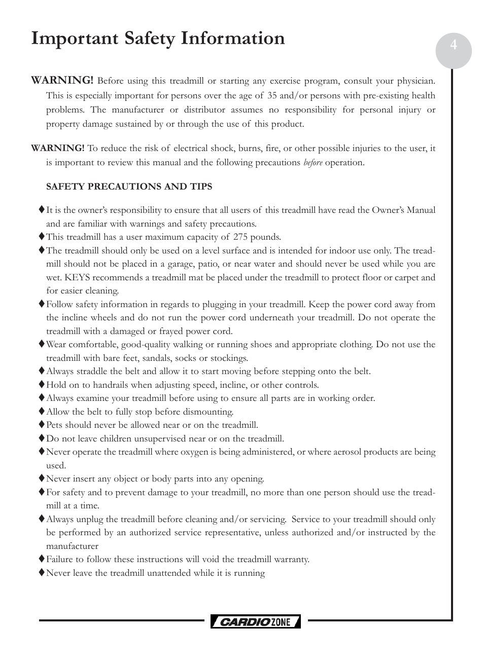 Important safety information | Keys Fitness CardioZone CZE User Manual | Page 4 / 20