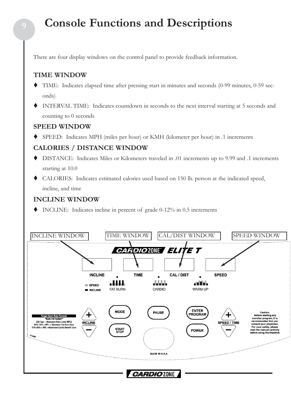 Console functions and descriptions | Keys Fitness CardioZone CZE User Manual | Page 9 / 20