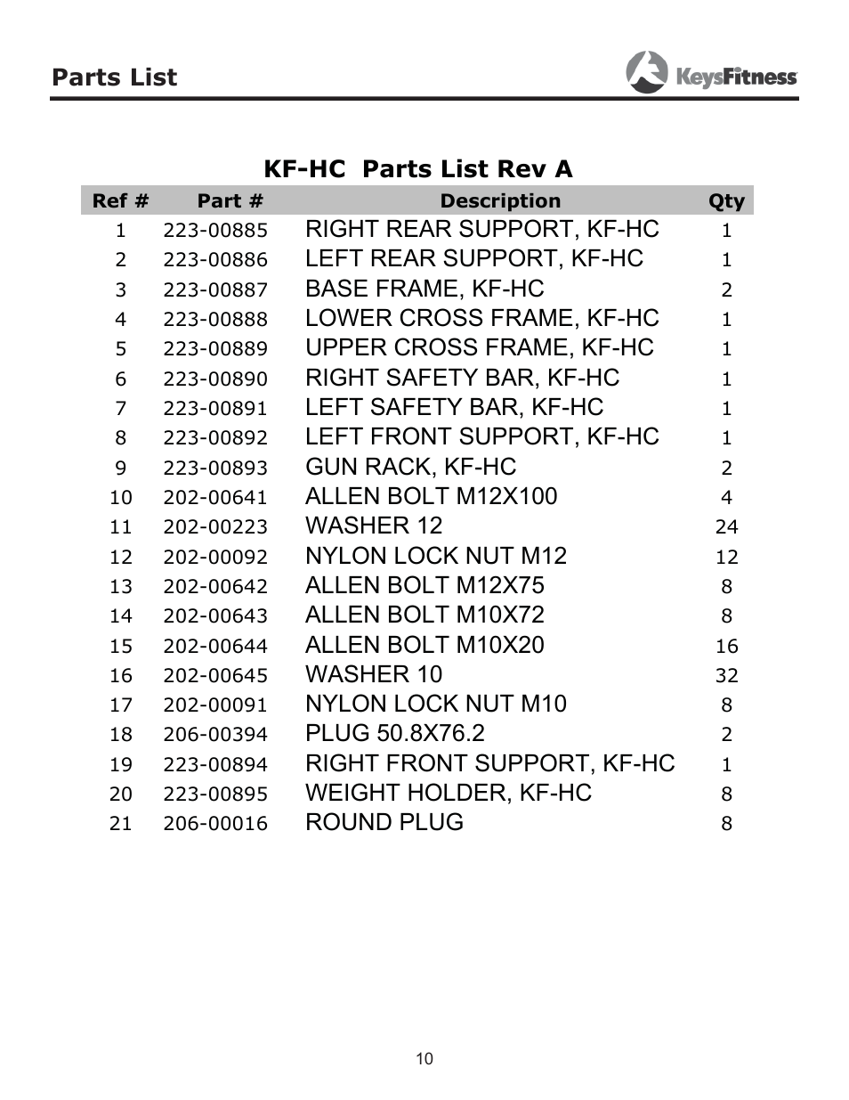 Parts list, Right rear support, kf-hc, Left rear support, kf-hc | Base frame, kf-hc, Lower cross frame, kf-hc, Upper cross frame, kf-hc, Right safety bar, kf-hc, Left safety bar, kf-hc, Left front support, kf-hc, Gun rack, kf-hc | Keys Fitness KF-HC User Manual | Page 10 / 13