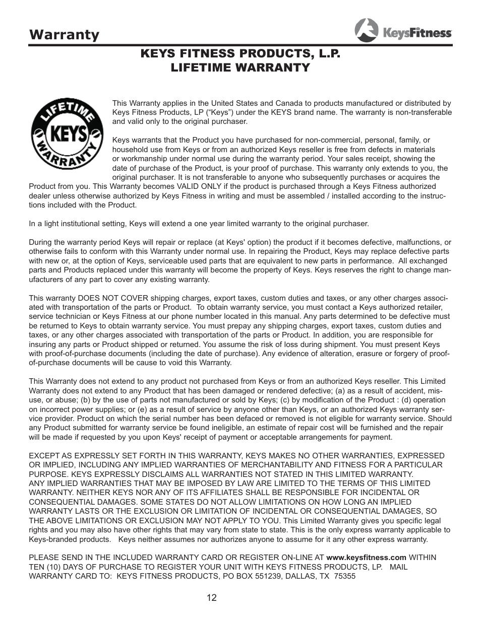 Warranty, Keys fitness products, l.p. lifetime warranty | Keys Fitness KF-HC User Manual | Page 12 / 13