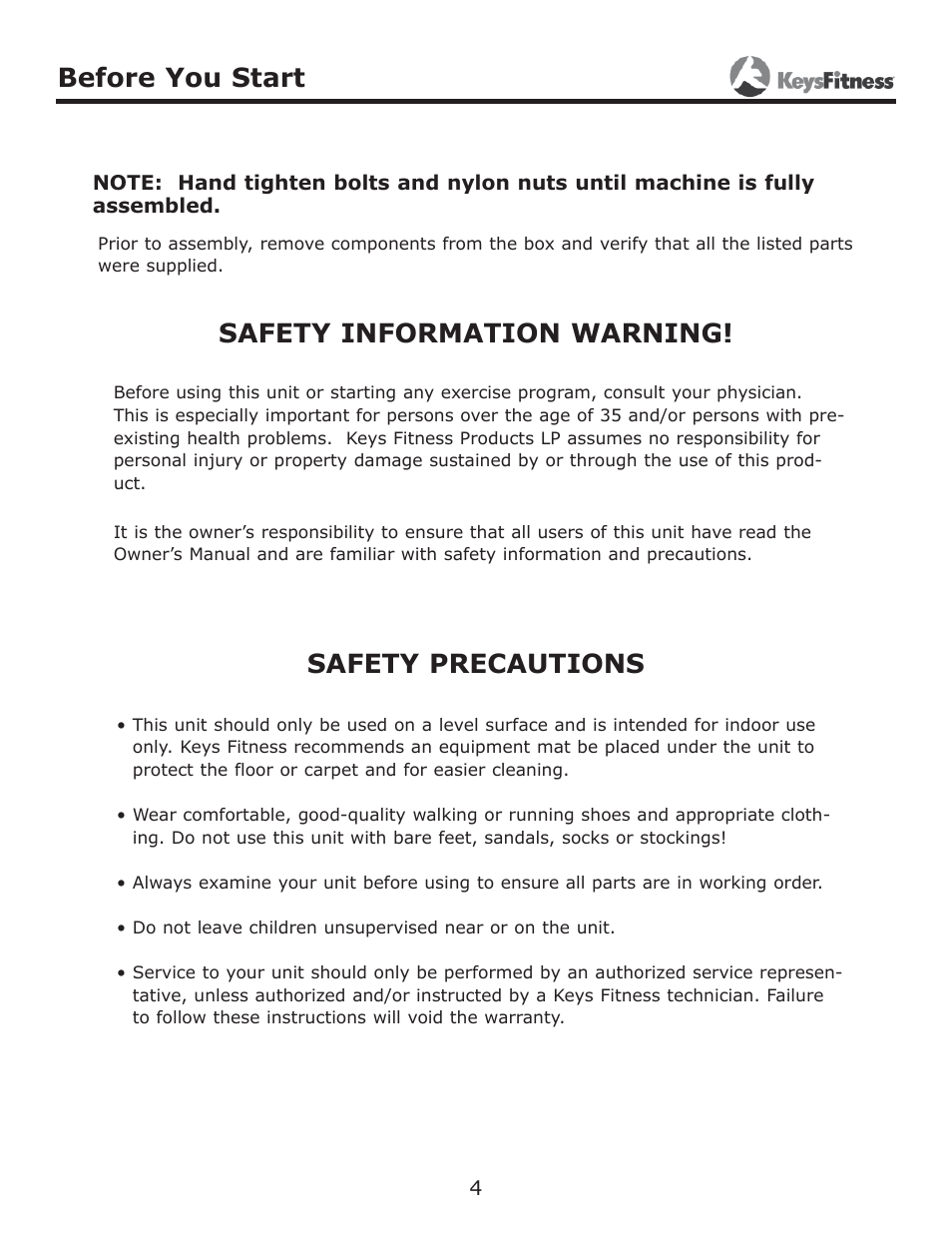 Safety information warning! safety precautions, Before you start | Keys Fitness KF-HC User Manual | Page 4 / 13