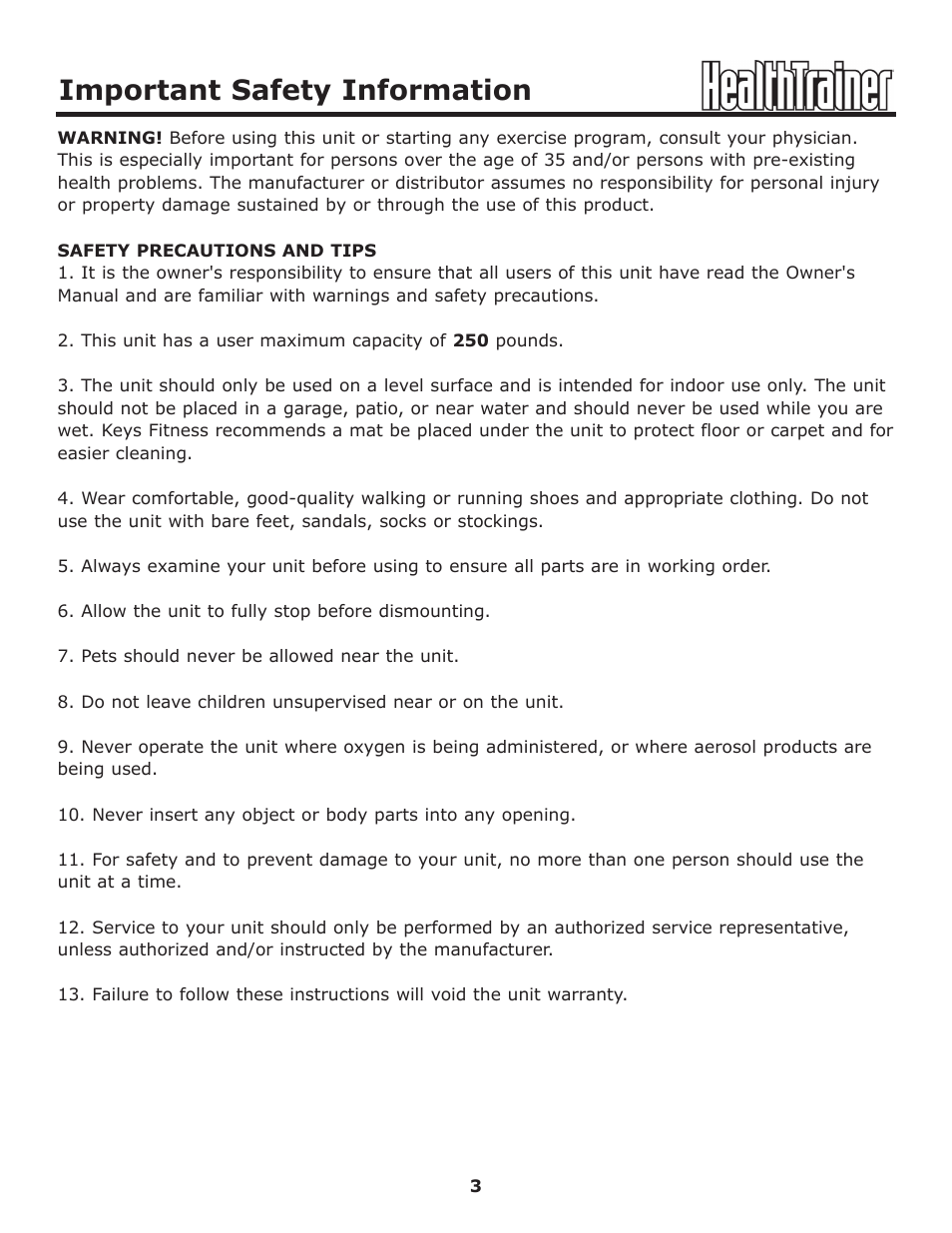 Important safety information | Keys Fitness HT440R User Manual | Page 3 / 21
