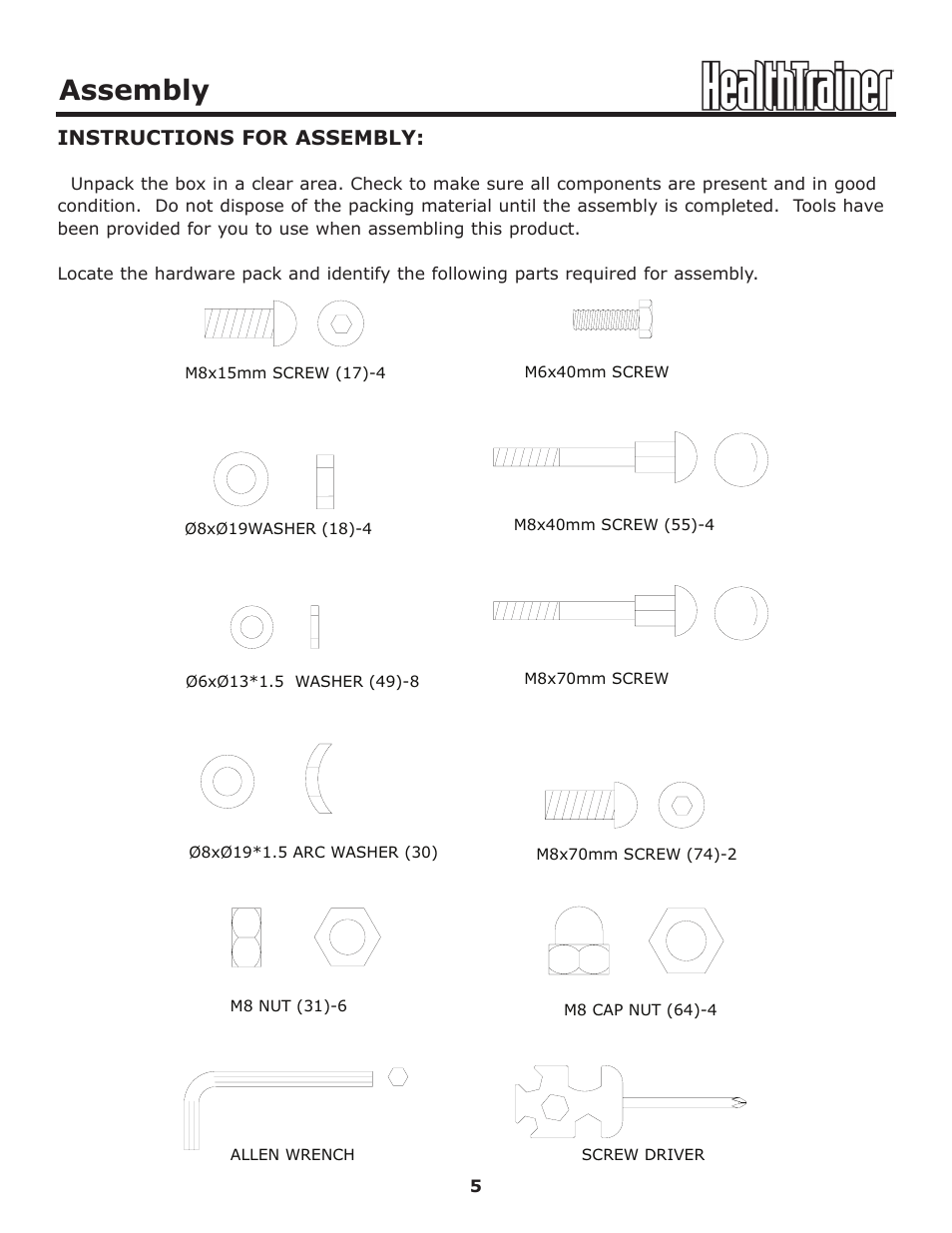 Assembly, Instructions for assembly | Keys Fitness HT440R User Manual | Page 5 / 21