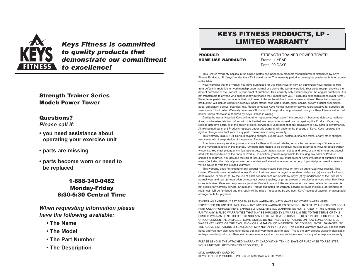 Keys fitness products, lp - limited warranty | Keys Fitness Power Tower ST-PT Series User Manual | Page 2 / 11