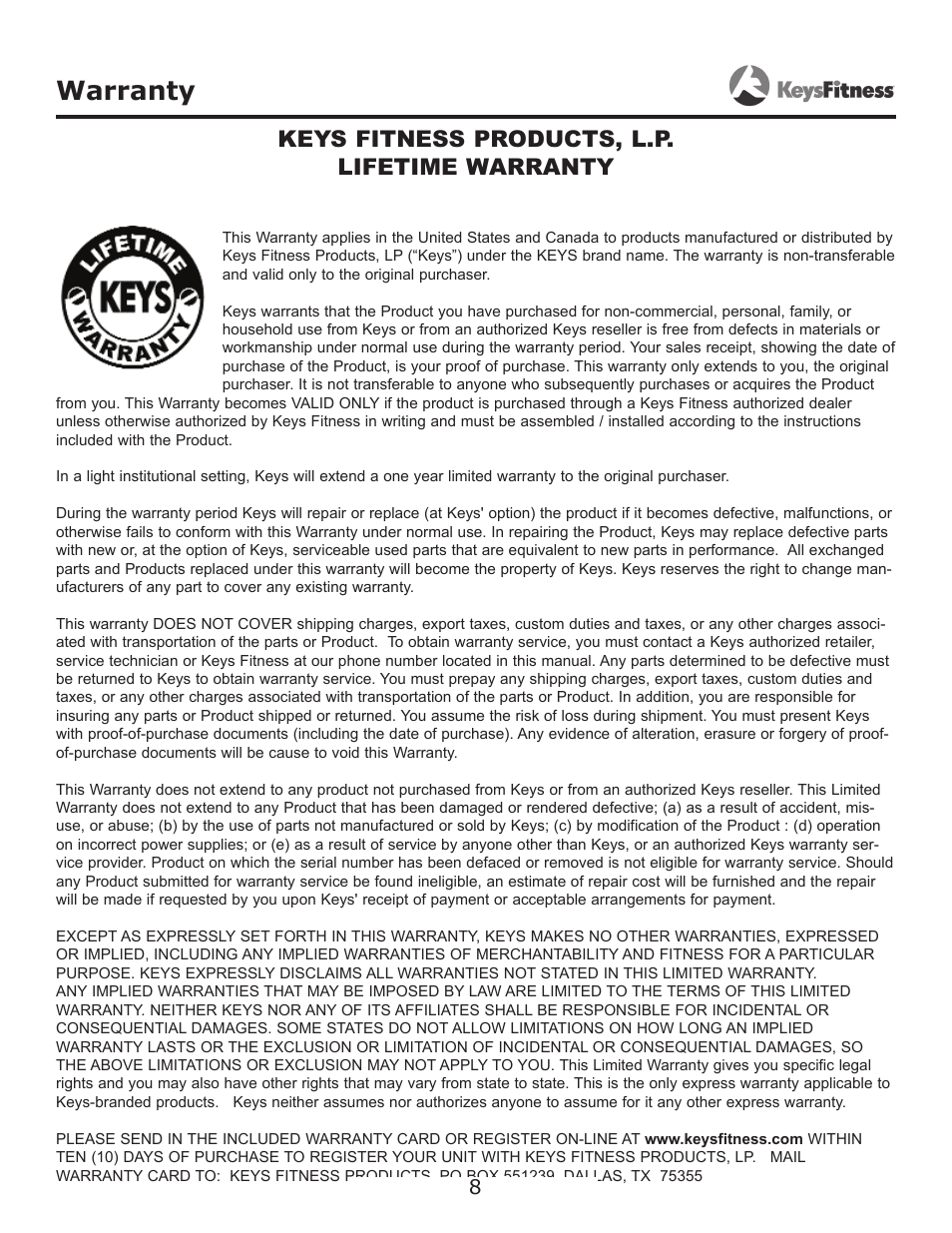 Warranty, Keys fitness products, l.p. lifetime warranty | Keys Fitness KF-ARMA User Manual | Page 8 / 9