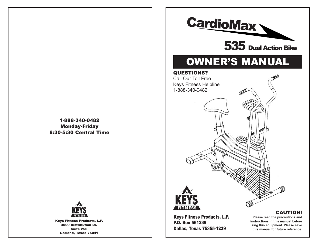 Keys Fitness Dual Action Bike CardioMax 535 User Manual | 12 pages