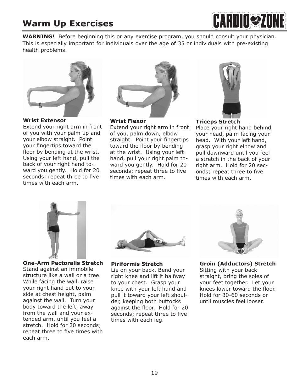 Warm up exercises | Keys Fitness CARDIOZONE E-CZ200 User Manual | Page 19 / 28
