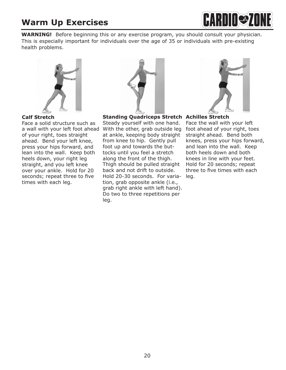 Warm up exercises | Keys Fitness CARDIOZONE E-CZ200 User Manual | Page 20 / 28