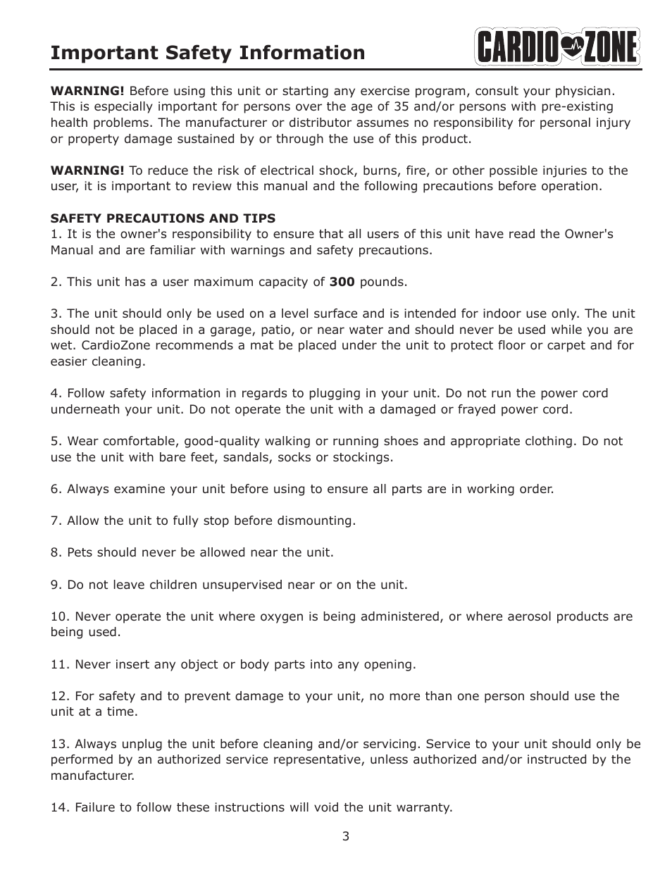 Important safety information | Keys Fitness CARDIOZONE E-CZ200 User Manual | Page 3 / 28