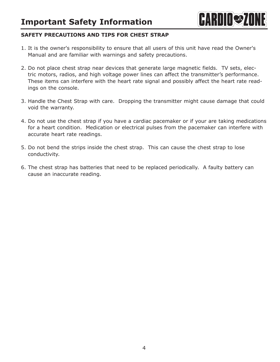 Important safety information | Keys Fitness CARDIOZONE E-CZ200 User Manual | Page 4 / 28