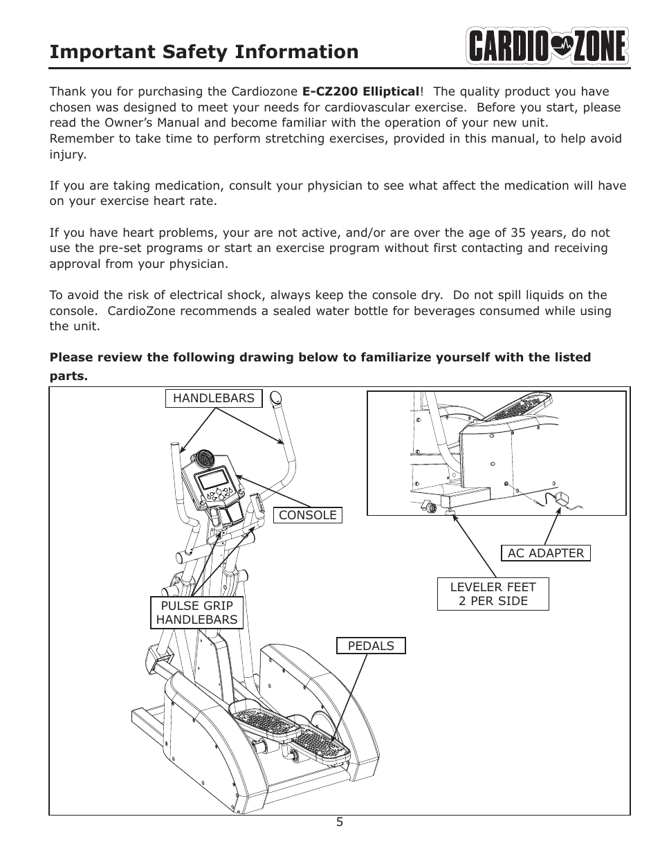 Important safety information | Keys Fitness CARDIOZONE E-CZ200 User Manual | Page 5 / 28