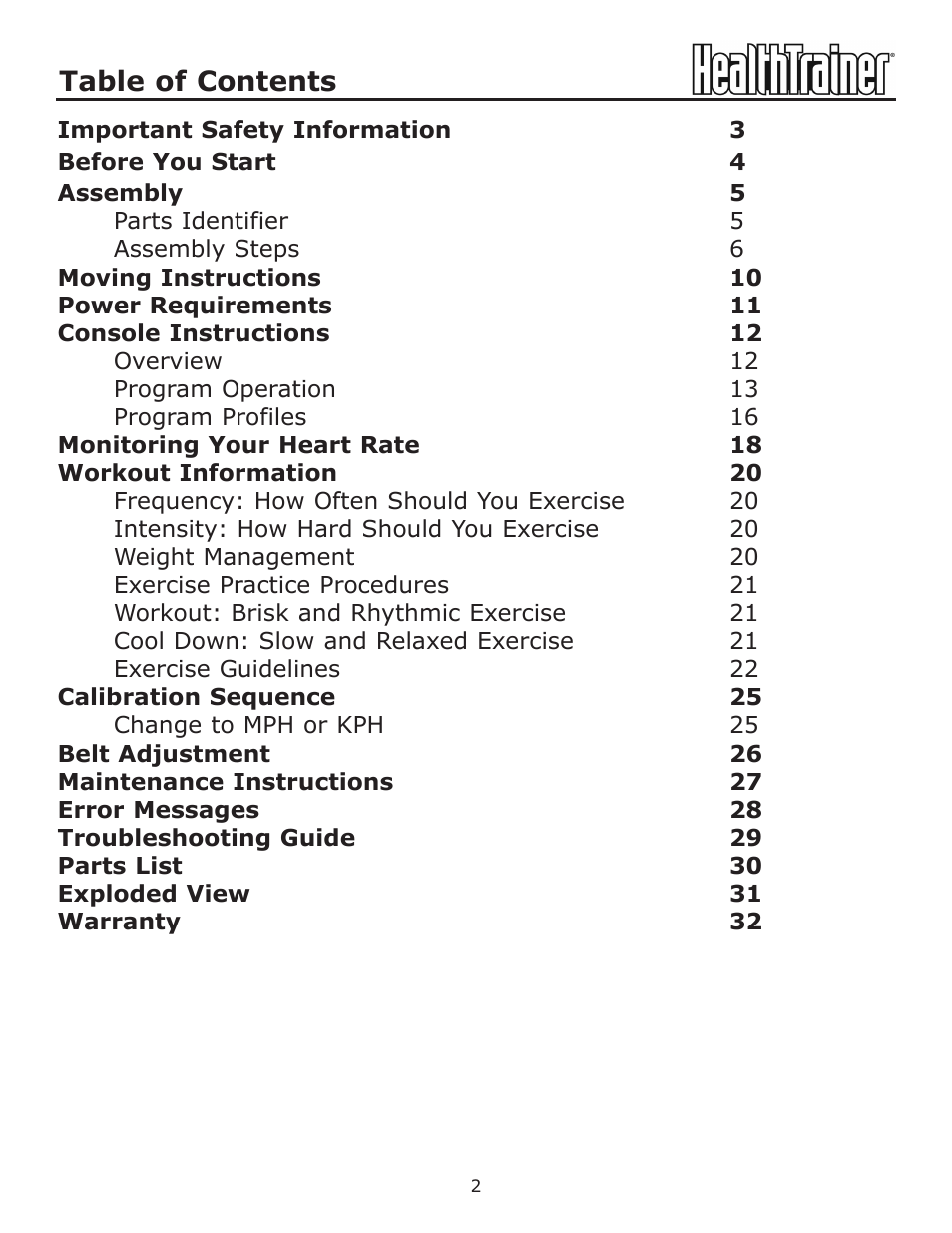 Keys Fitness HealthTrainer HT-760T User Manual | Page 2 / 35