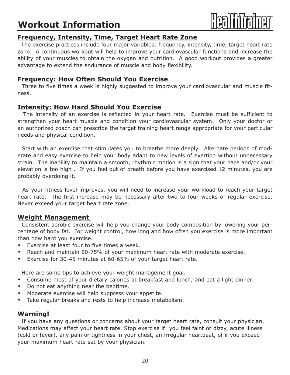 Workout information | Keys Fitness HealthTrainer HT-760T User Manual | Page 20 / 35