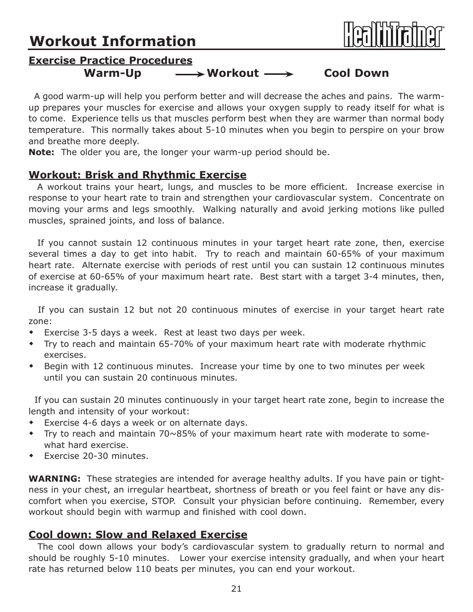 Workout information | Keys Fitness HealthTrainer HT-760T User Manual | Page 21 / 35