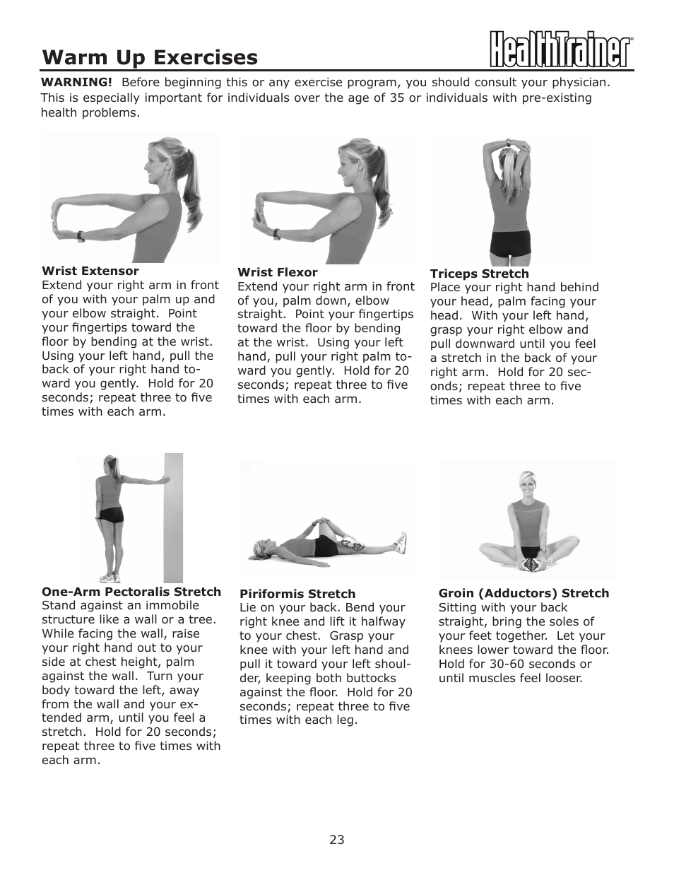 Warm up exercises | Keys Fitness HealthTrainer HT-760T User Manual | Page 23 / 35