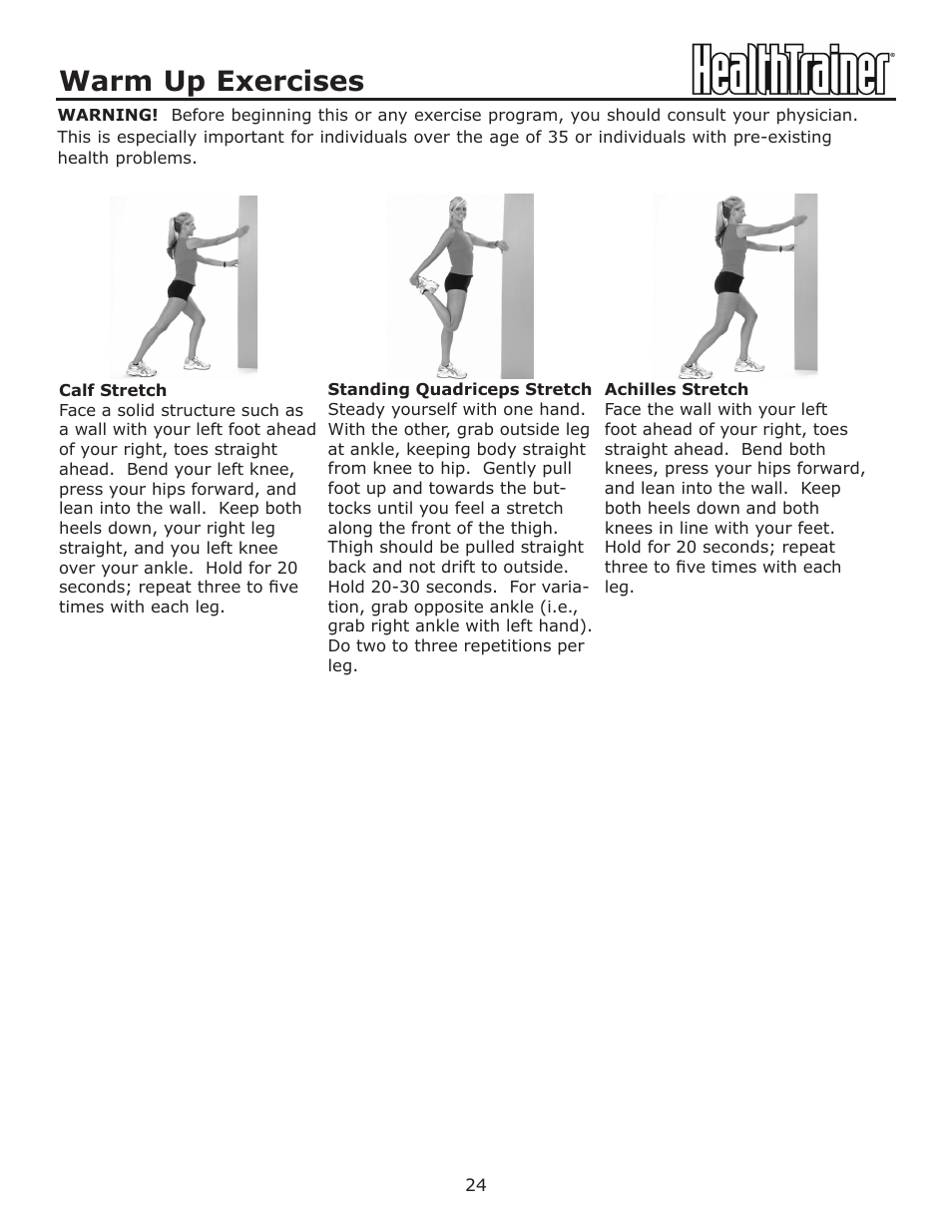 Warm up exercises | Keys Fitness HealthTrainer HT-760T User Manual | Page 24 / 35