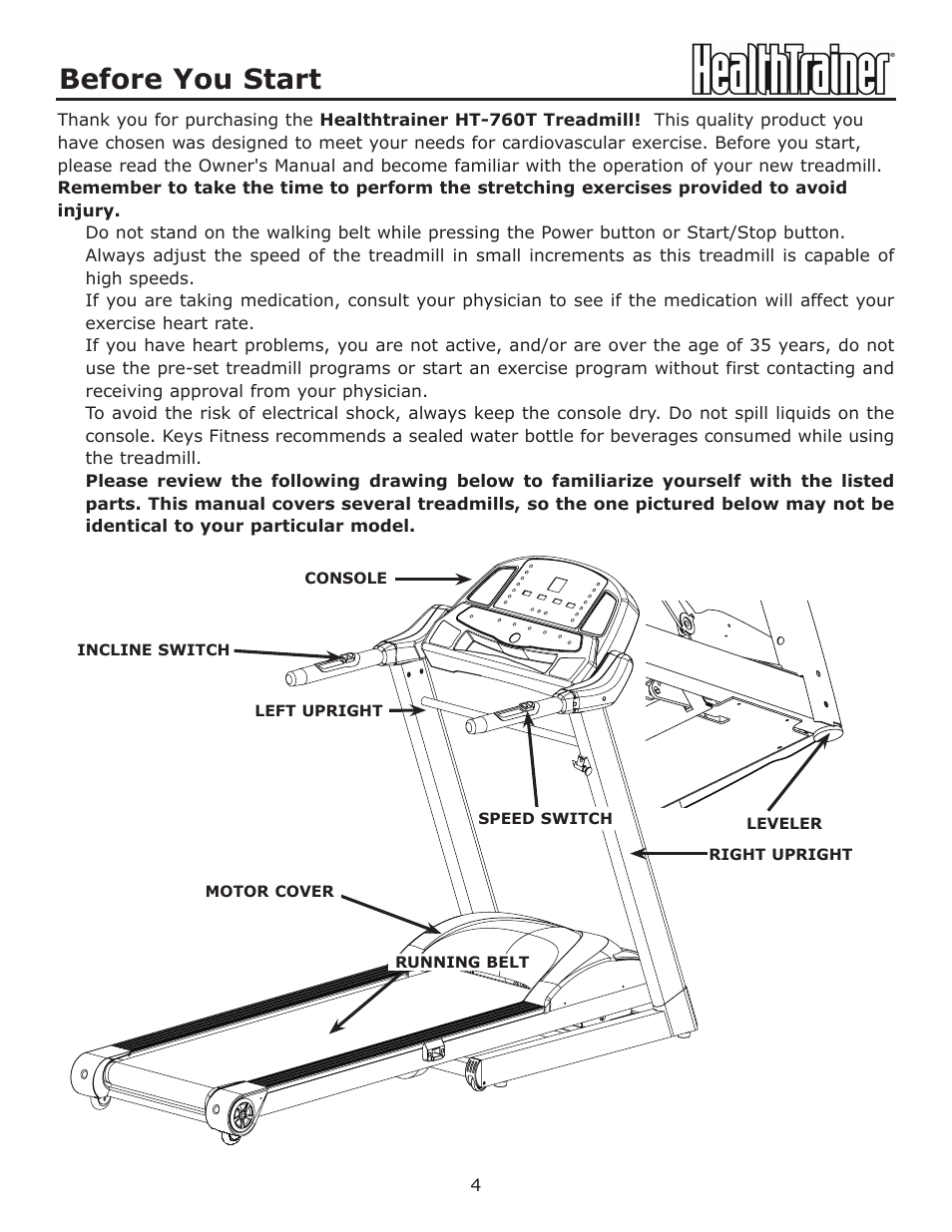 Before you start | Keys Fitness HealthTrainer HT-760T User Manual | Page 4 / 35