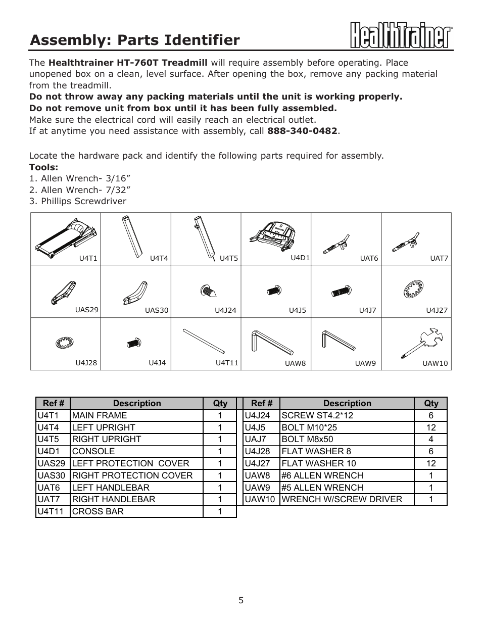 Assembly: parts identifier | Keys Fitness HealthTrainer HT-760T User Manual | Page 5 / 35
