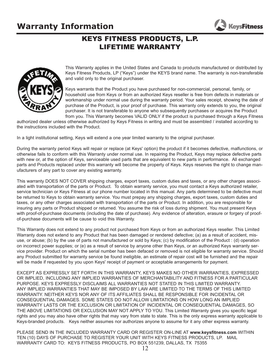 Warranty information, Keys fitness products, l.p. lifetime warranty | Keys Fitness KF-LATM User Manual | Page 12 / 13