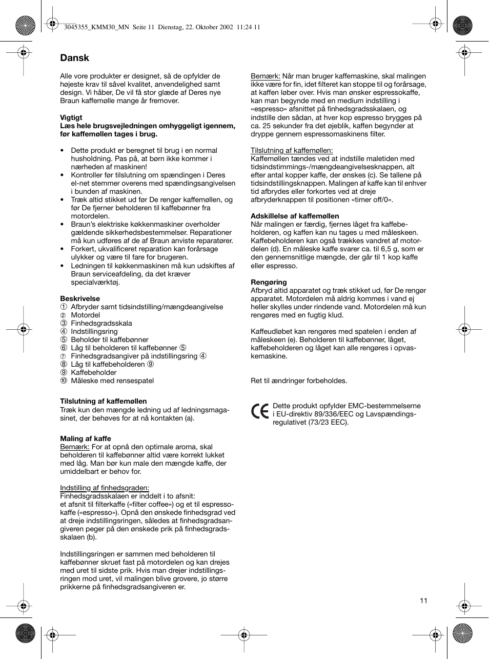 Dansk | Braun KMM 30 User Manual | Page 11 / 24