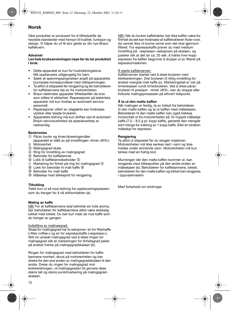 Norsk | Braun KMM 30 User Manual | Page 12 / 24