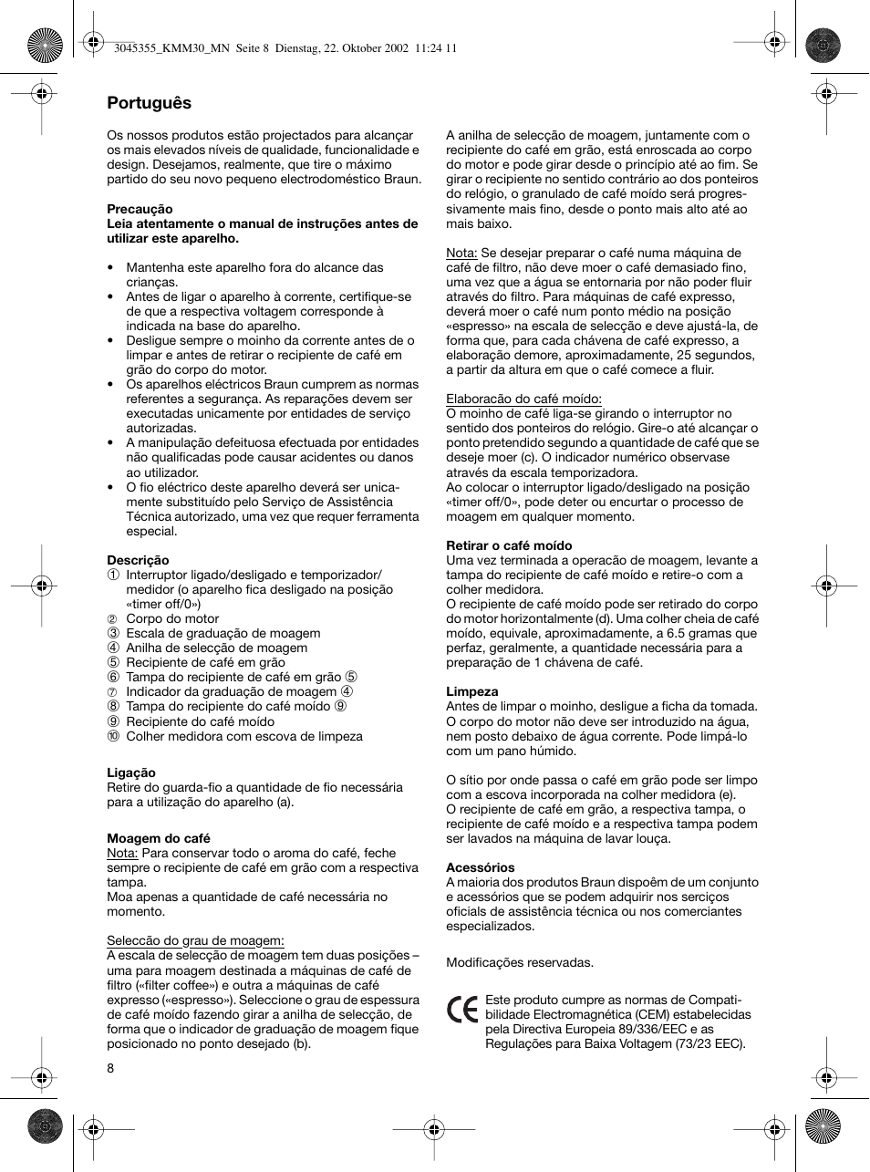Português | Braun KMM 30 User Manual | Page 8 / 24