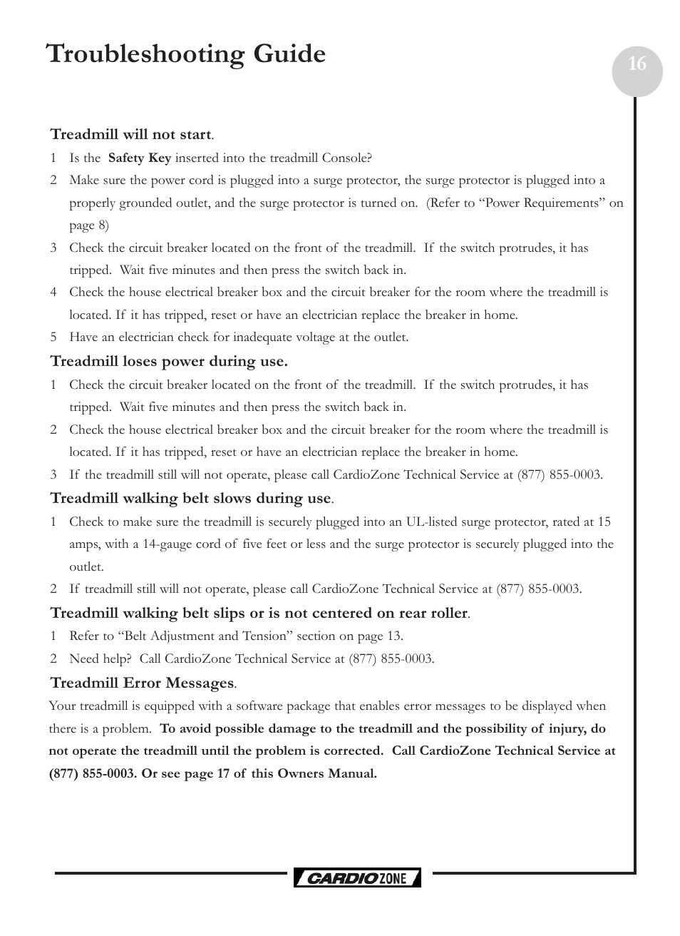 Troubleshooting guide | Keys Fitness CardioZone CZ PRO User Manual | Page 16 / 20