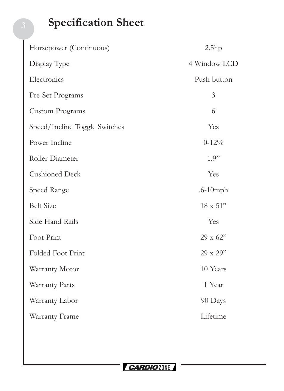Specification sheet | Keys Fitness CardioZone CZ PRO User Manual | Page 3 / 20