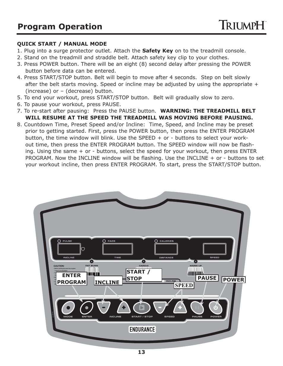 Program operation | Keys Fitness Treadmill TRI-ENDURANCE User Manual | Page 13 / 29